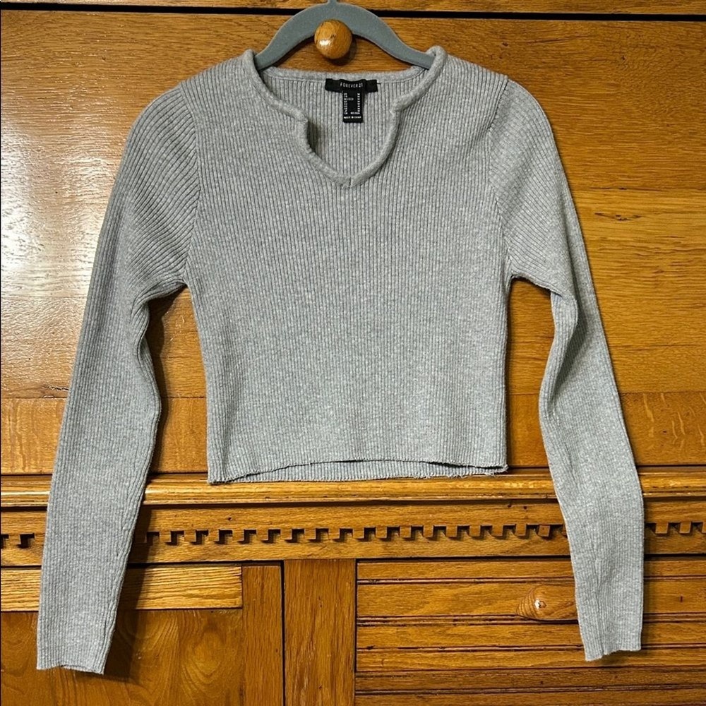 Forever 21 Y2K Fairy Grunge Gray Ribbed‎ Knit Long Sleeve Cropped Sweater Acubi